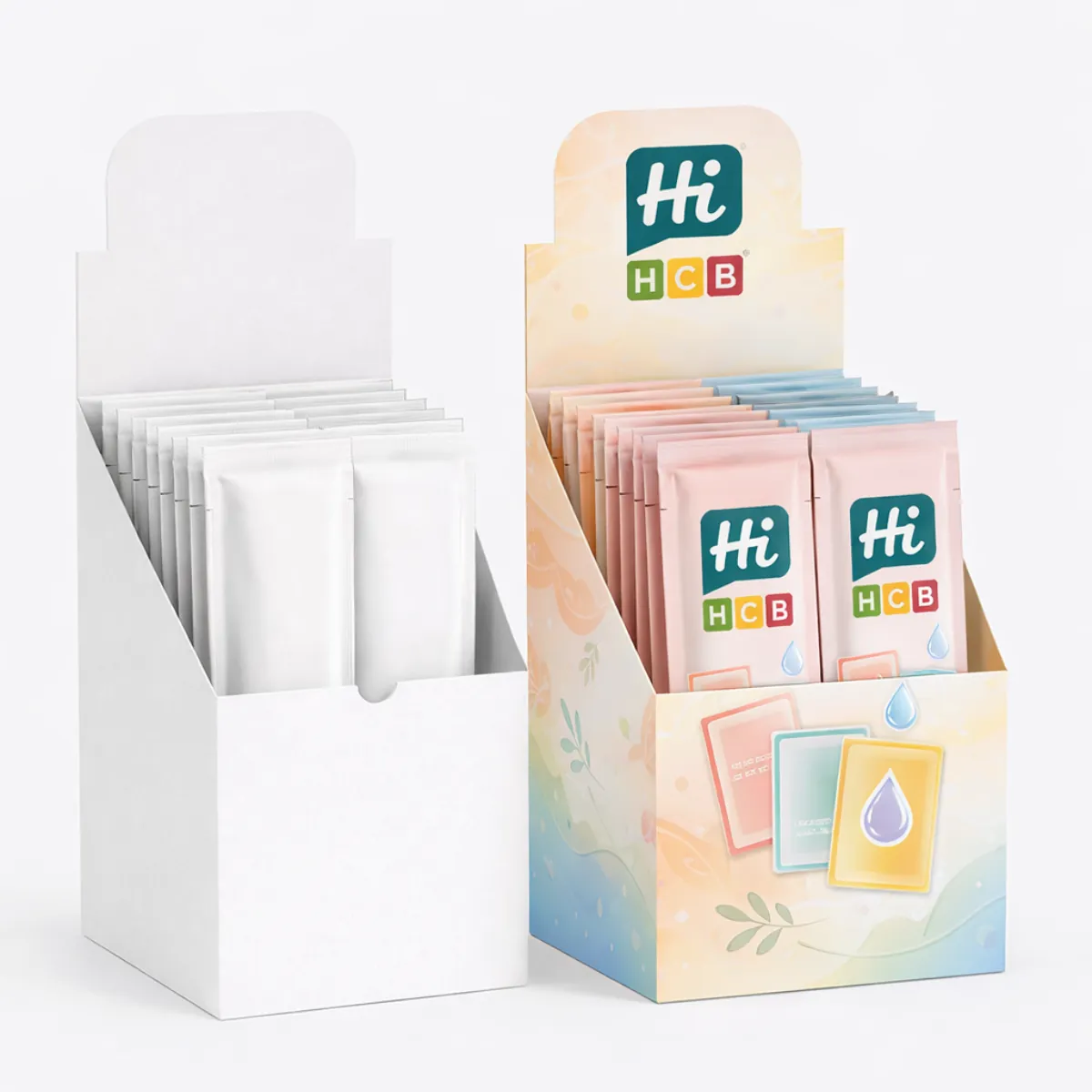 A bulk collection of custom printed wholesale cosmetic sachet boxes with colourful branding and designs- class=